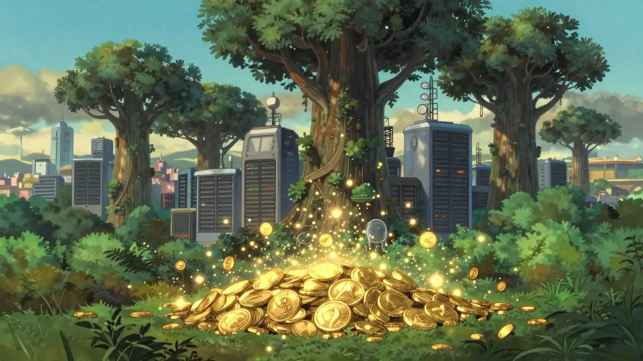 Futuristic city with server hubs and golden tokens dissolving into sparkling stardust.
