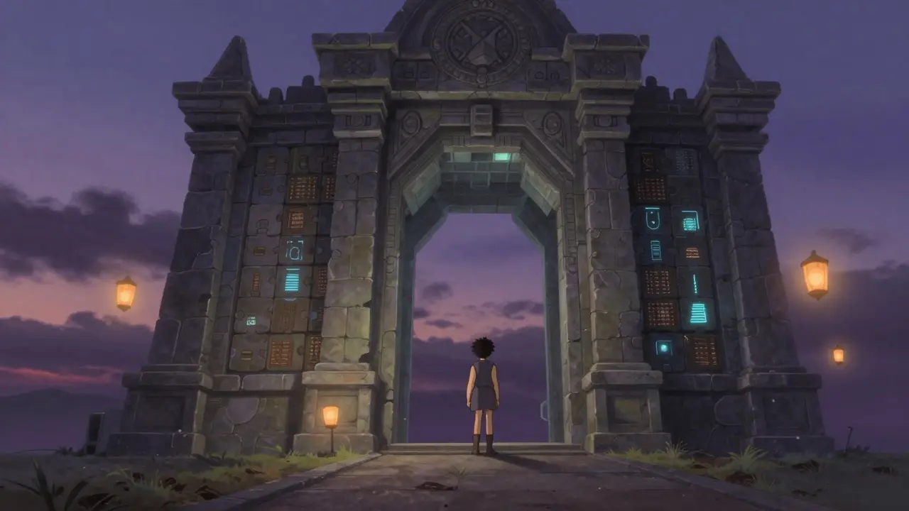 Ghibli style character standing before a giant puzzle-like stone gateway at twilight.