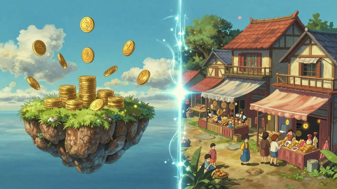 Ghibli style conceptual art showing a magical barrier between a digital trading zone and a local market