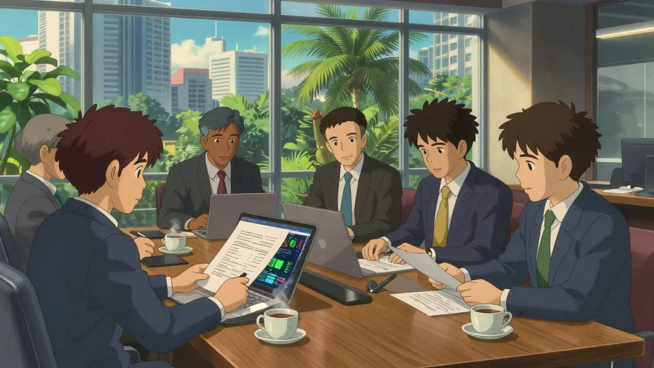 Ghibli style depiction of professionals in a modern Indonesian office reviewing financial documents