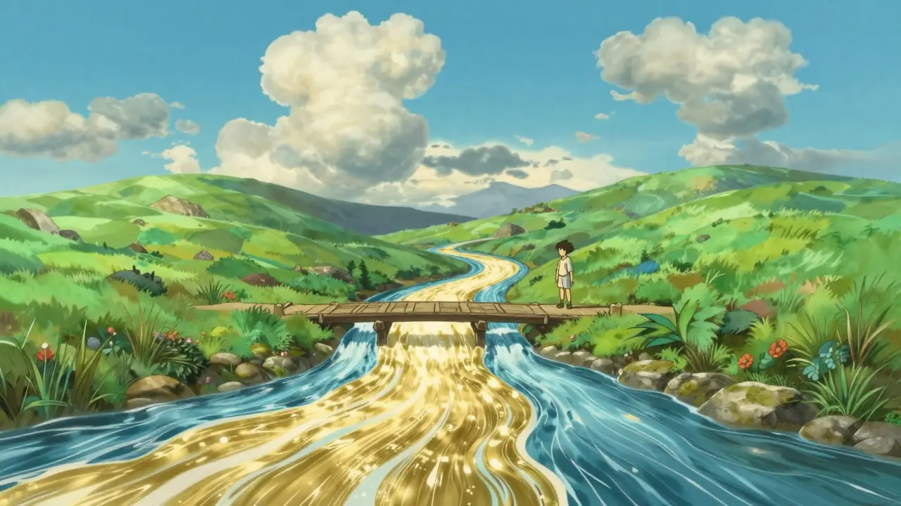 Ghibli style landscape showing three energy streams merging into one large gold river.