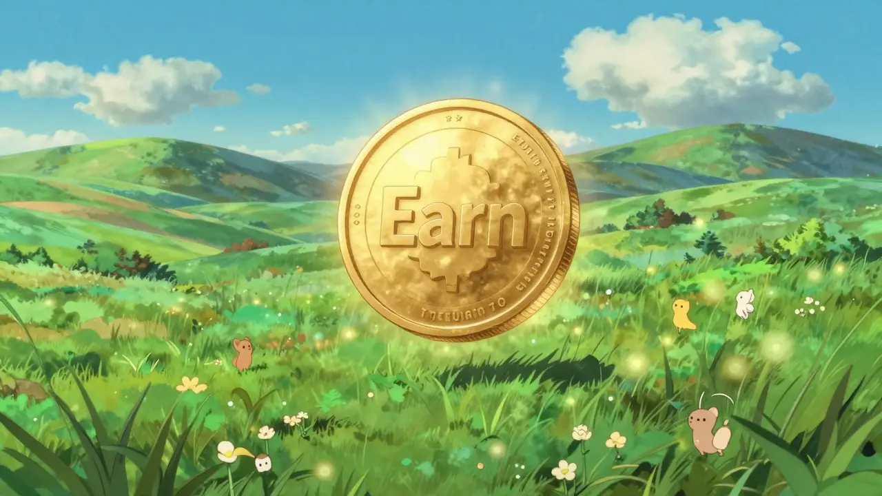 Glowing digital coin floating over a lush green Ghibli-style meadow