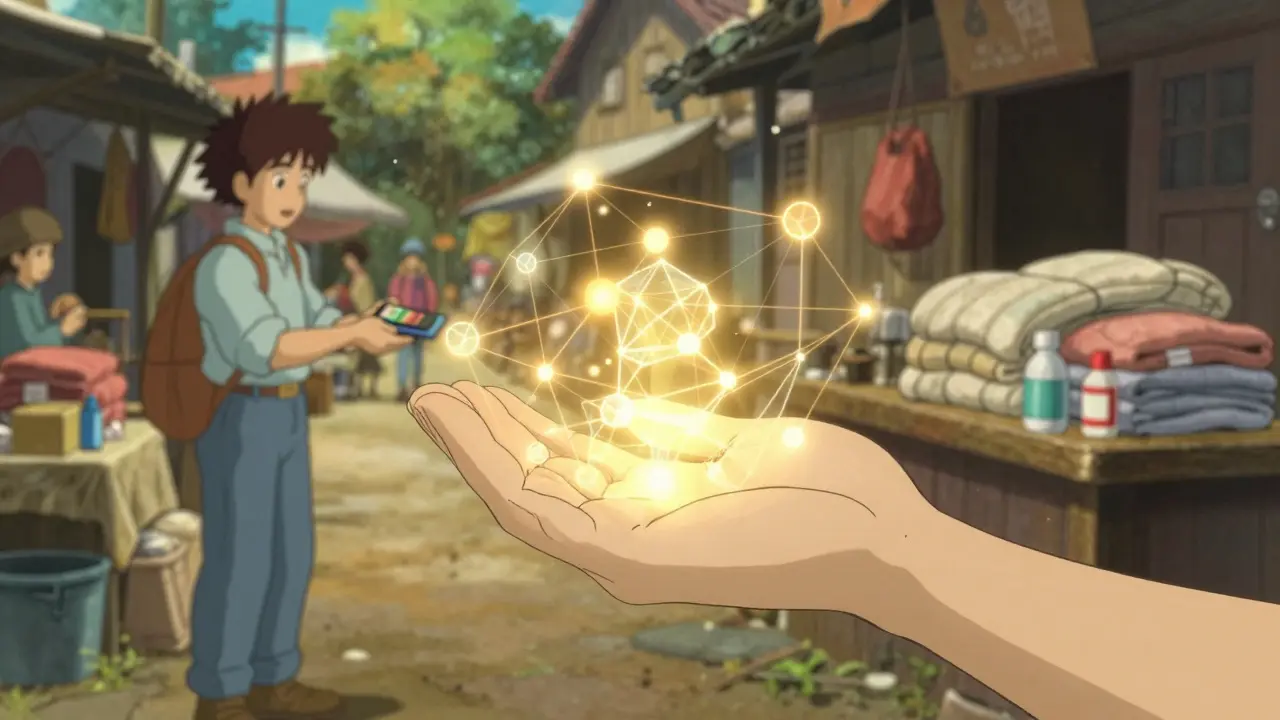 Golden glowing lines connecting a donor to a local supplier in a sunny village market.