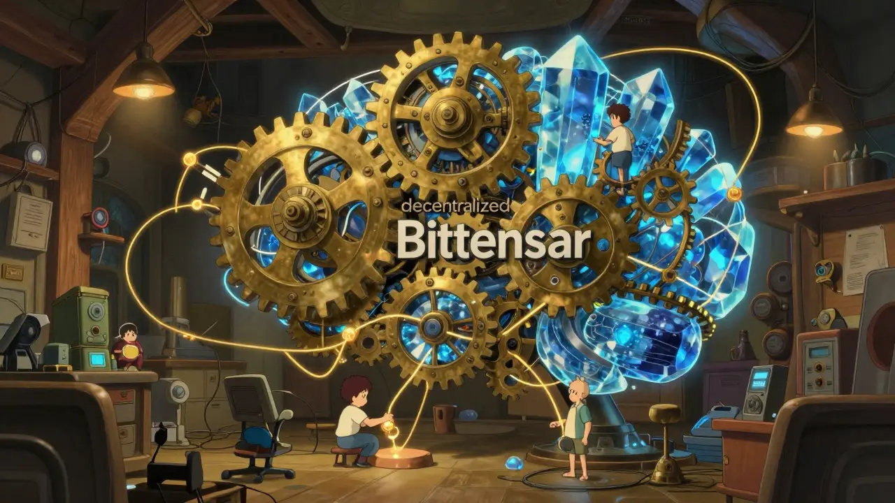 Intricate magical machinery with glowing crystals and AI sprites in a cozy workshop.