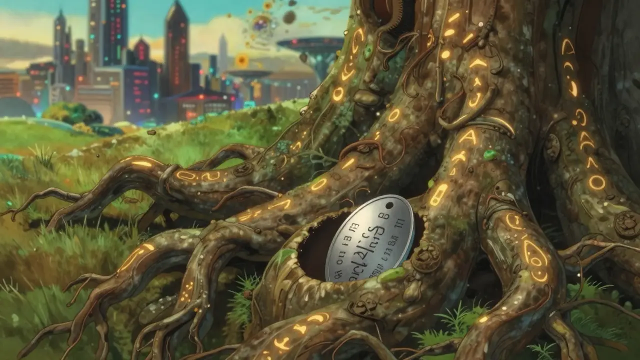Metal seed phrase plates stored safely within hollowed tree roots underground.