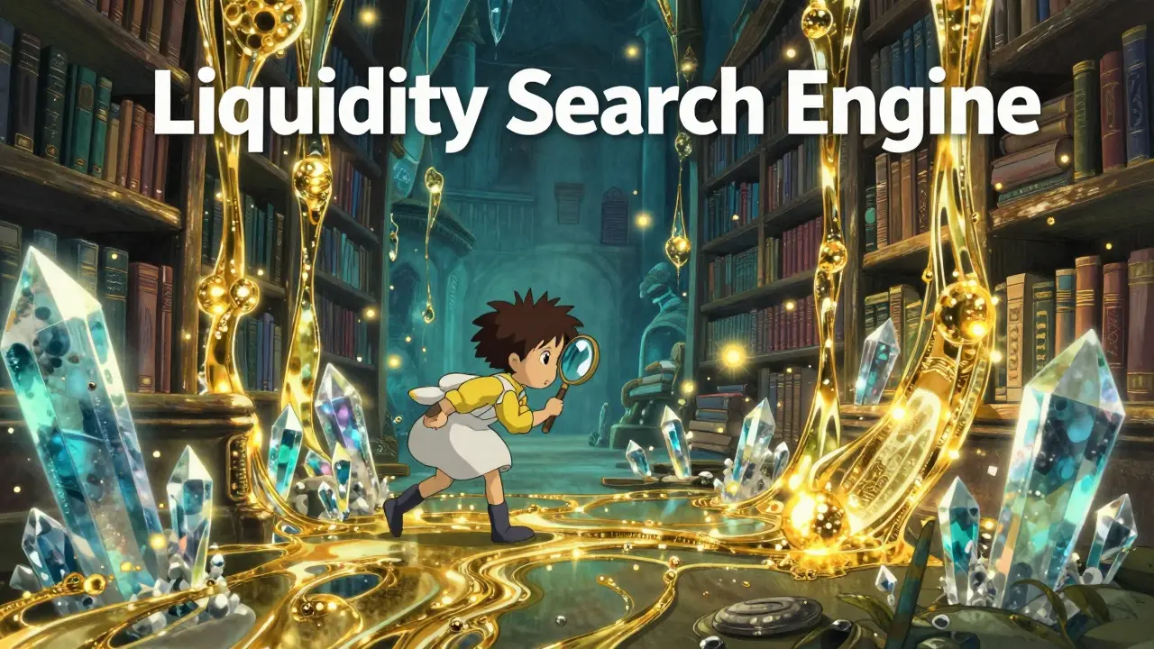 Small spirit searching through glowing crystal streams in a magical library