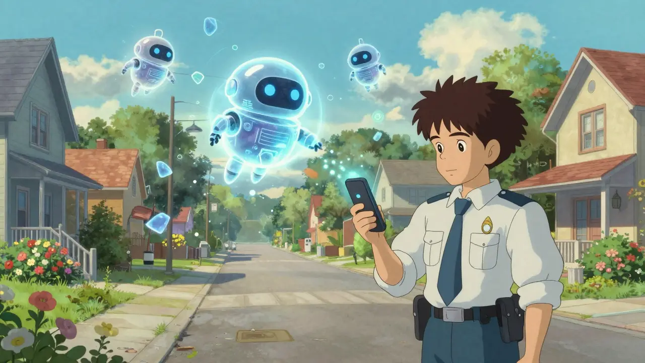 Whimsical digital bots floating over a peaceful American suburban street.