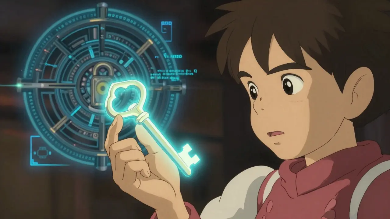 A character holds a glowing key before a magical lock in anime style
