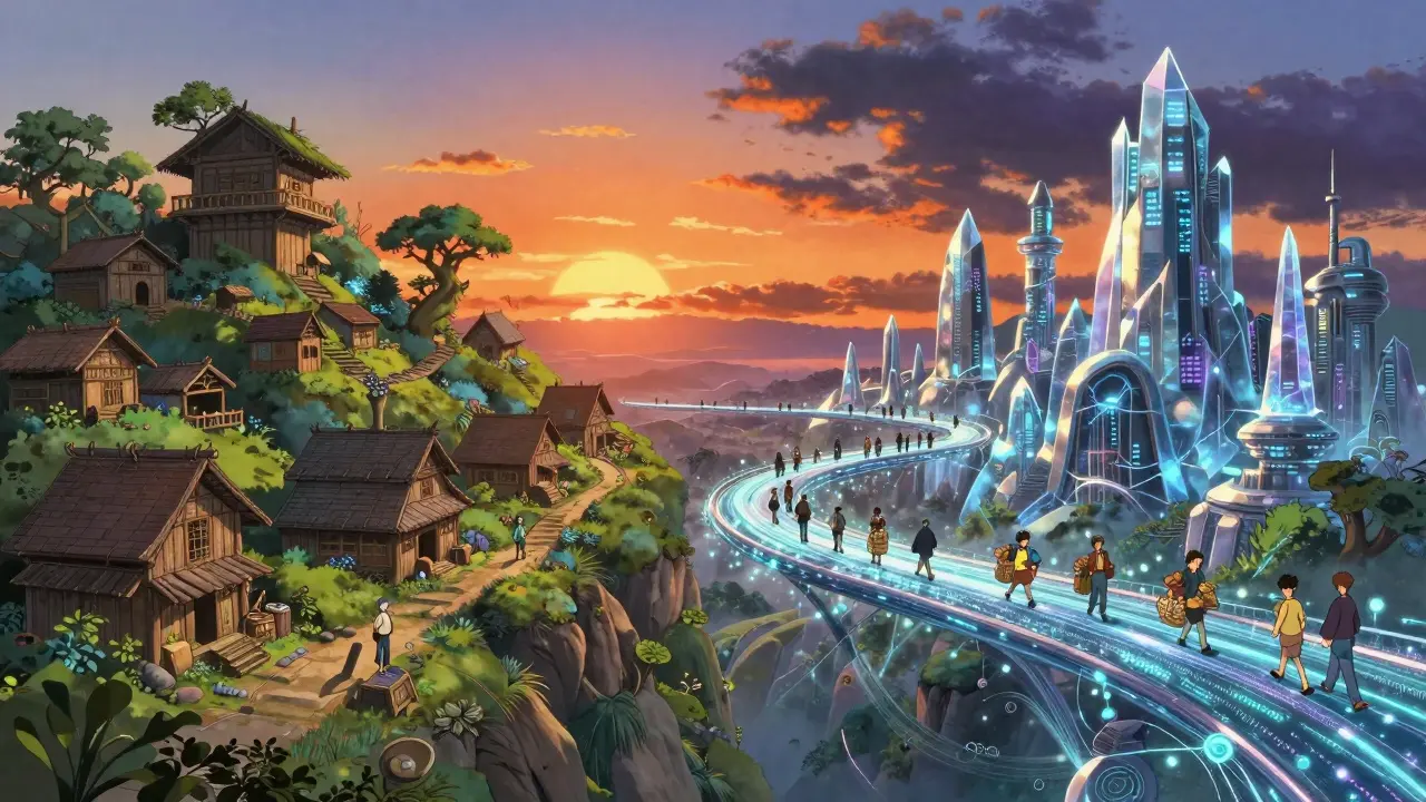 A luminous bridge connecting two distinct cities, illustrating cross-chain asset transfer in Ghibli art.