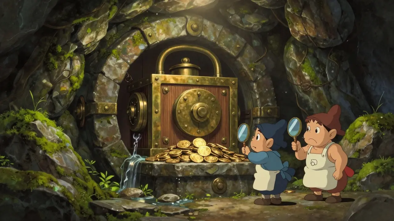 A secure stone vault with gold coins and guardians, representing asset reserves in anime style.
