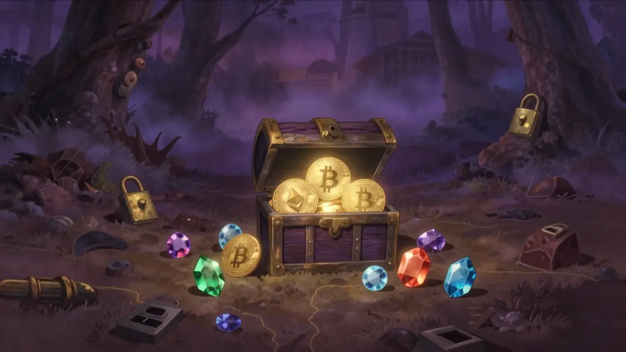 A treasure chest with only old crypto gems, missing newer assets in a misty setting.