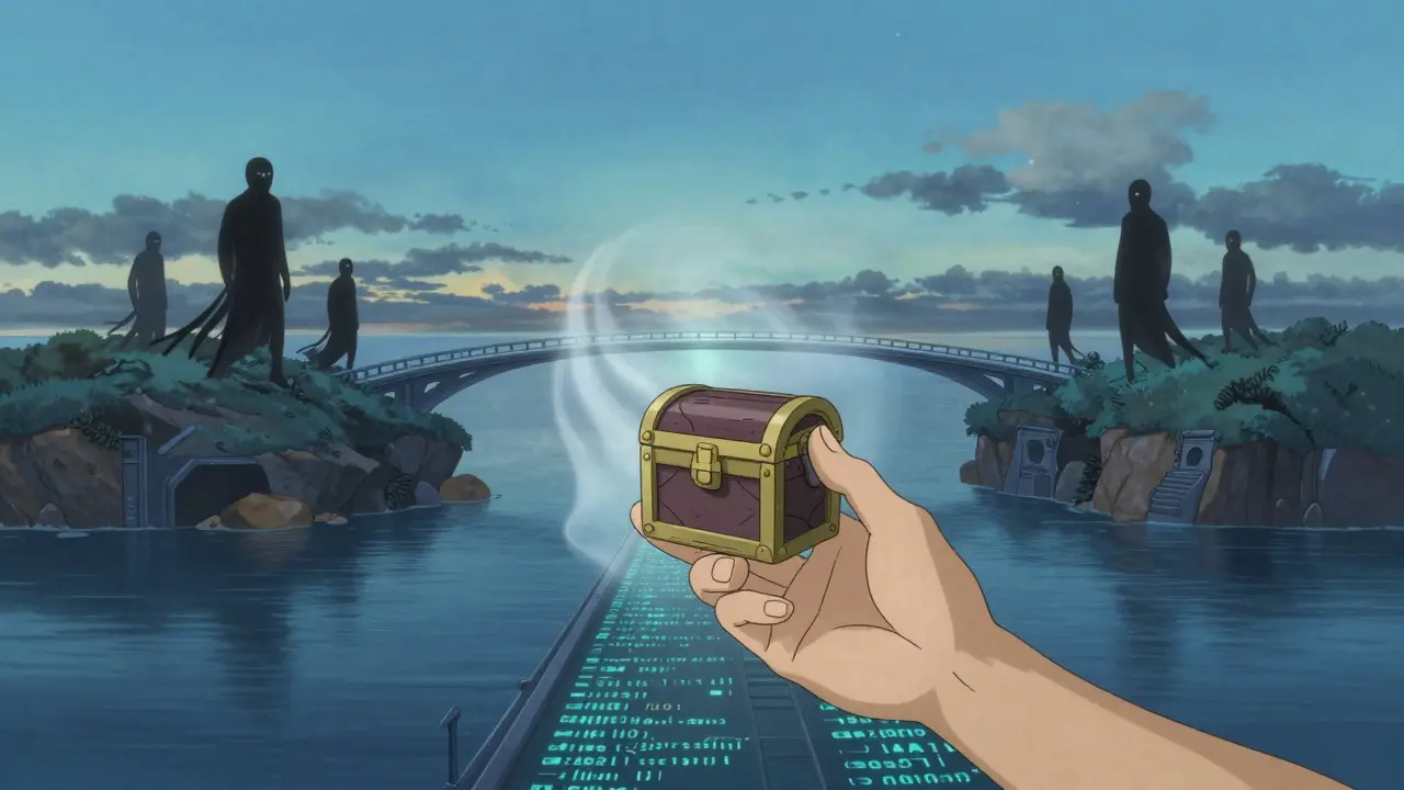 A user securing their crypto wallet on a bridge, depicting DeFi safety and self-custody.