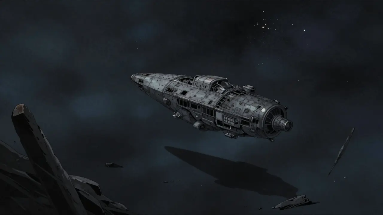 Abandoned spaceship drifting in dark, silent space representing project failure.