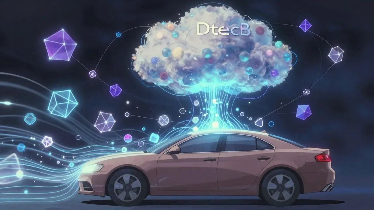 Abstract visualization of car data flowing to a cloud AI entity