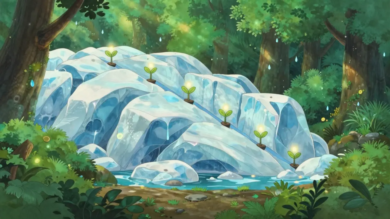 An icy glacier melting into a lush forest symbolizing gradual token release