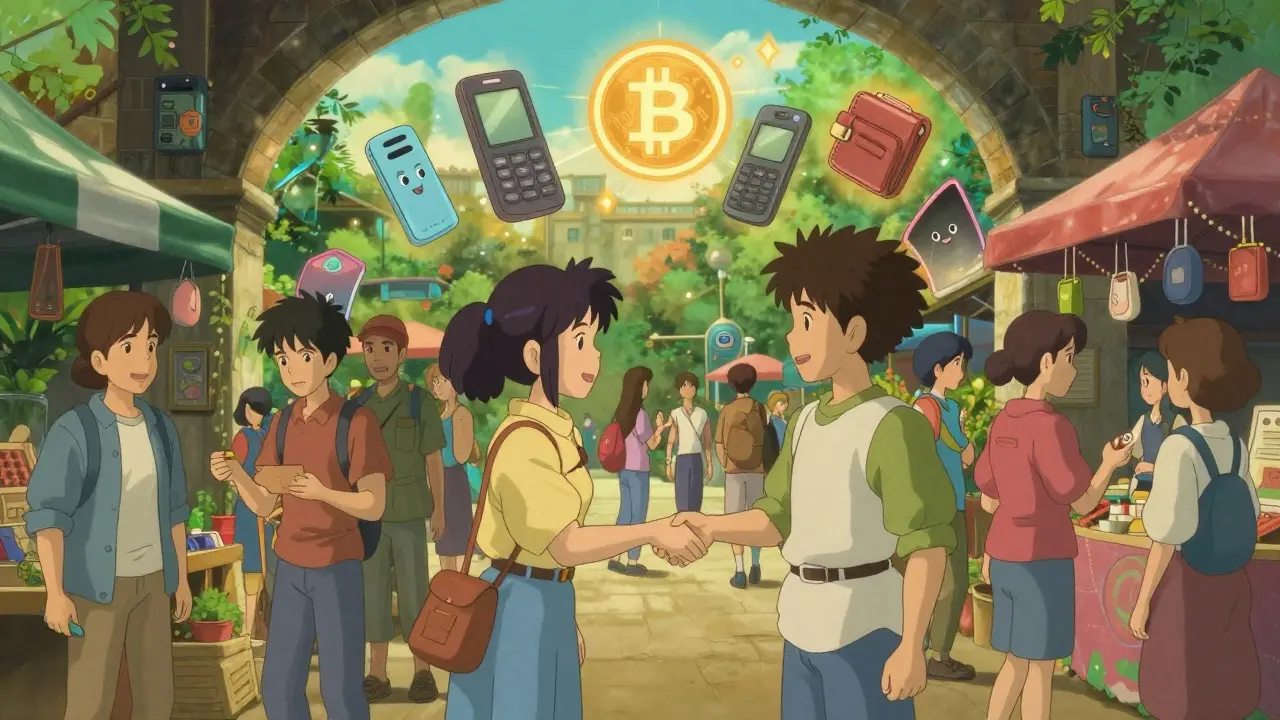 Anime marketplace scene showing people exchanging digital tokens