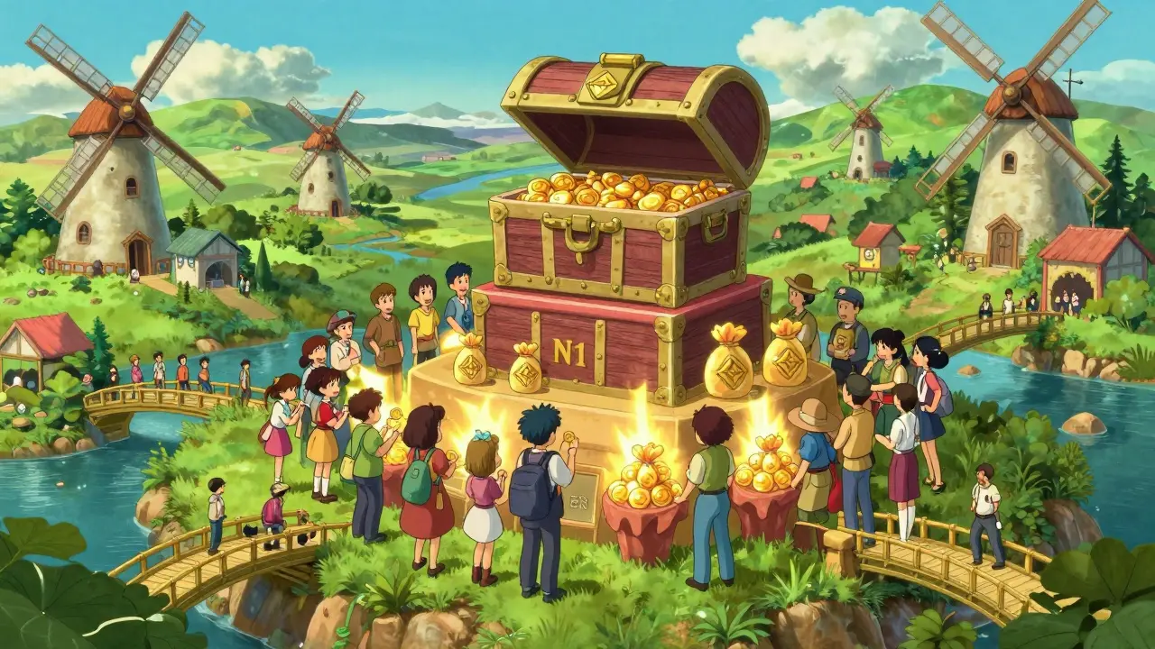 Anime scene of N1 token distribution at a vibrant marketplace island