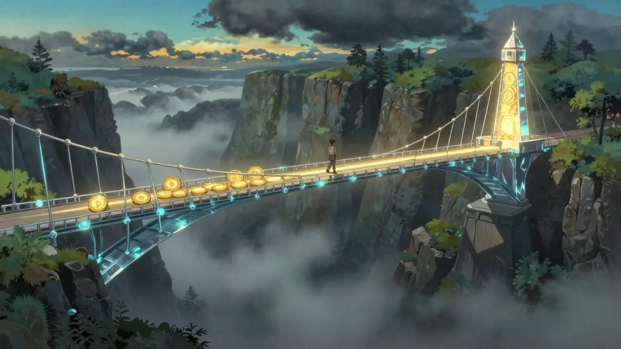 Anime style figure crossing a glowing bridge over a misty canyon, symbolizing crypto risk