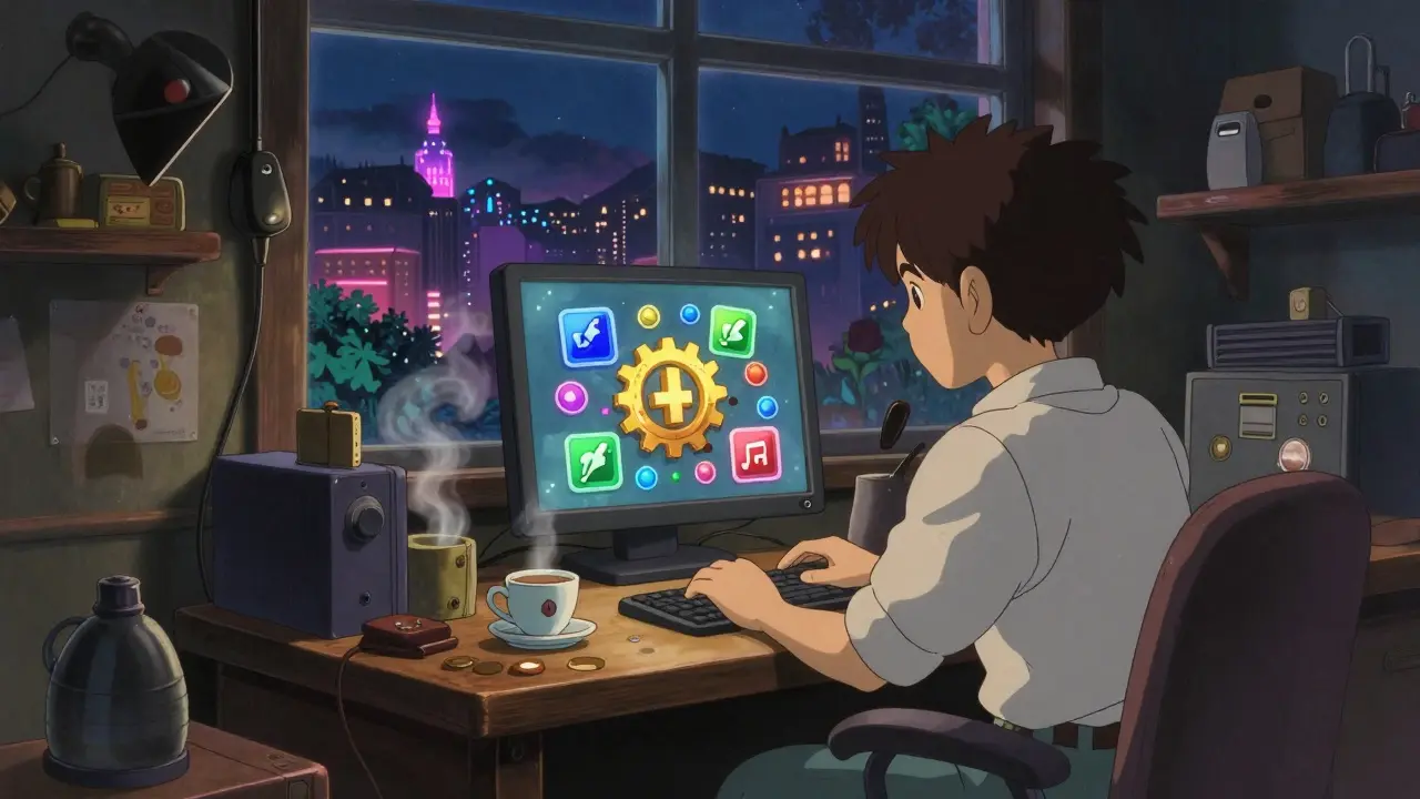 Anime trader analyzing synthetic assets in a cozy room