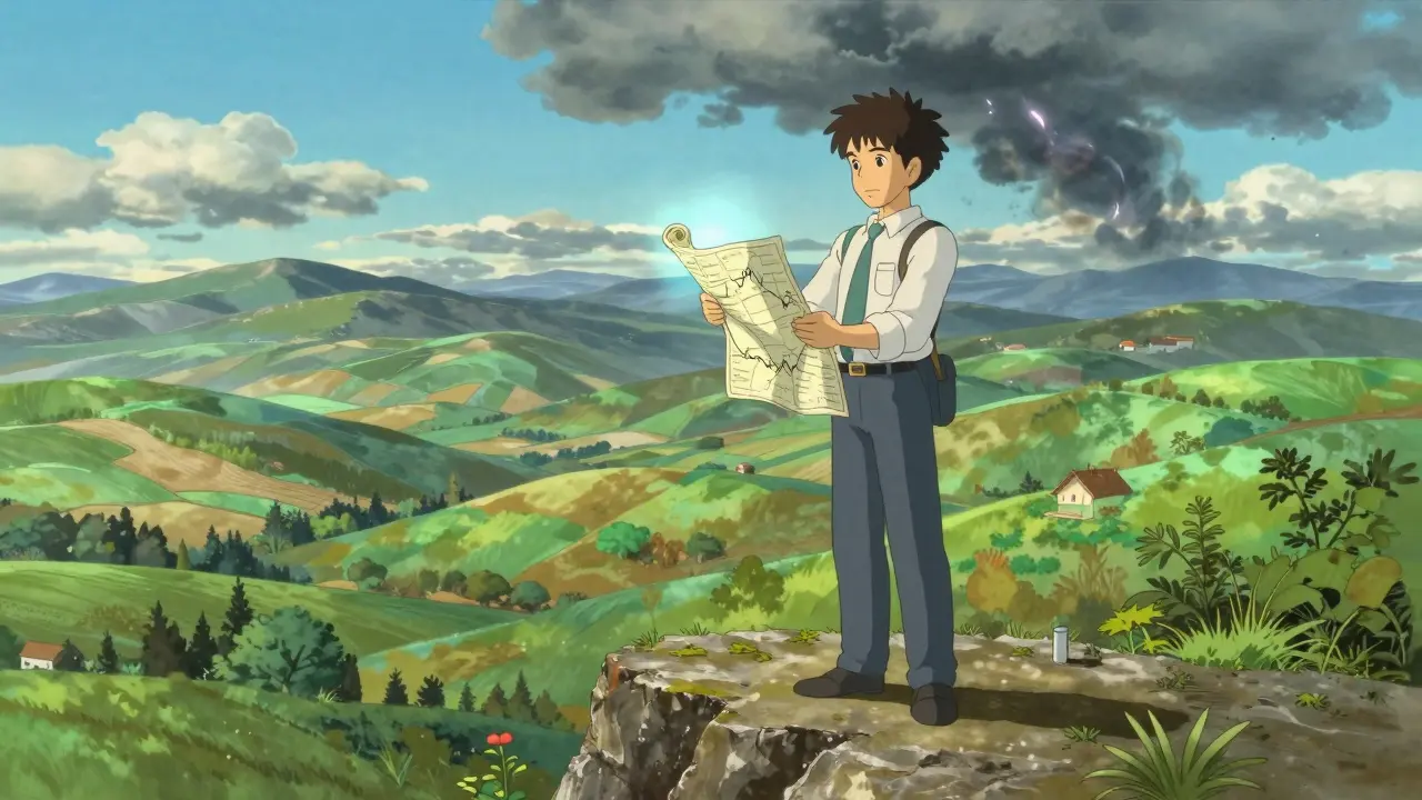 Anime trader with a plan overlooking a calm, green landscape