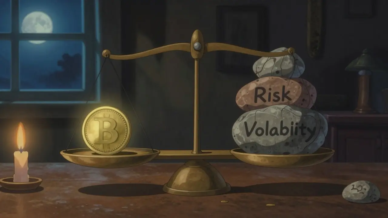 Balance scale with coin and risk stones, Ghibli art