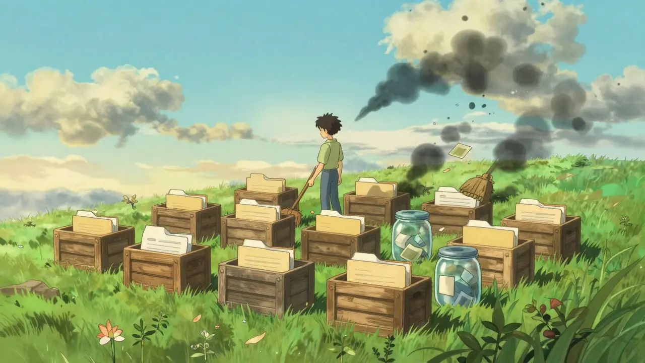 Character cleaning digital clutter in a serene, organized landscape with soft lighting.