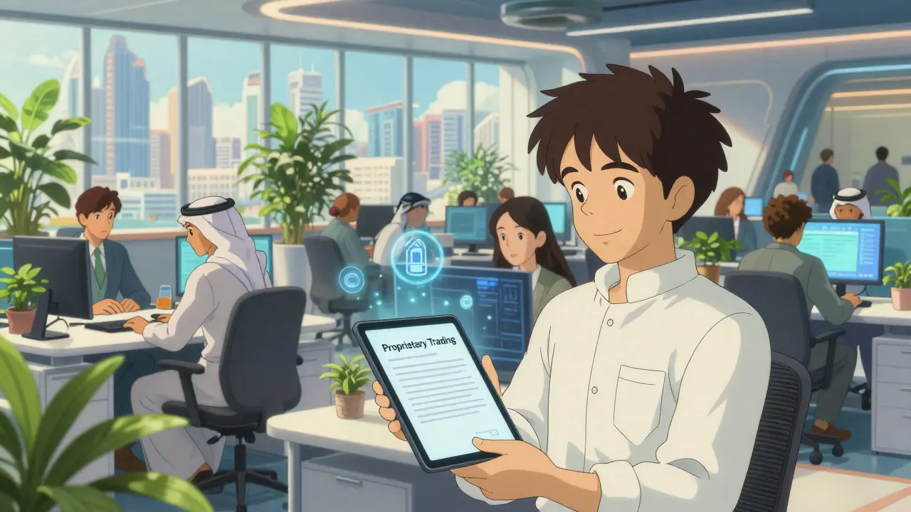 Cheerful traders working in a bright, plant-filled Dubai free zone office
