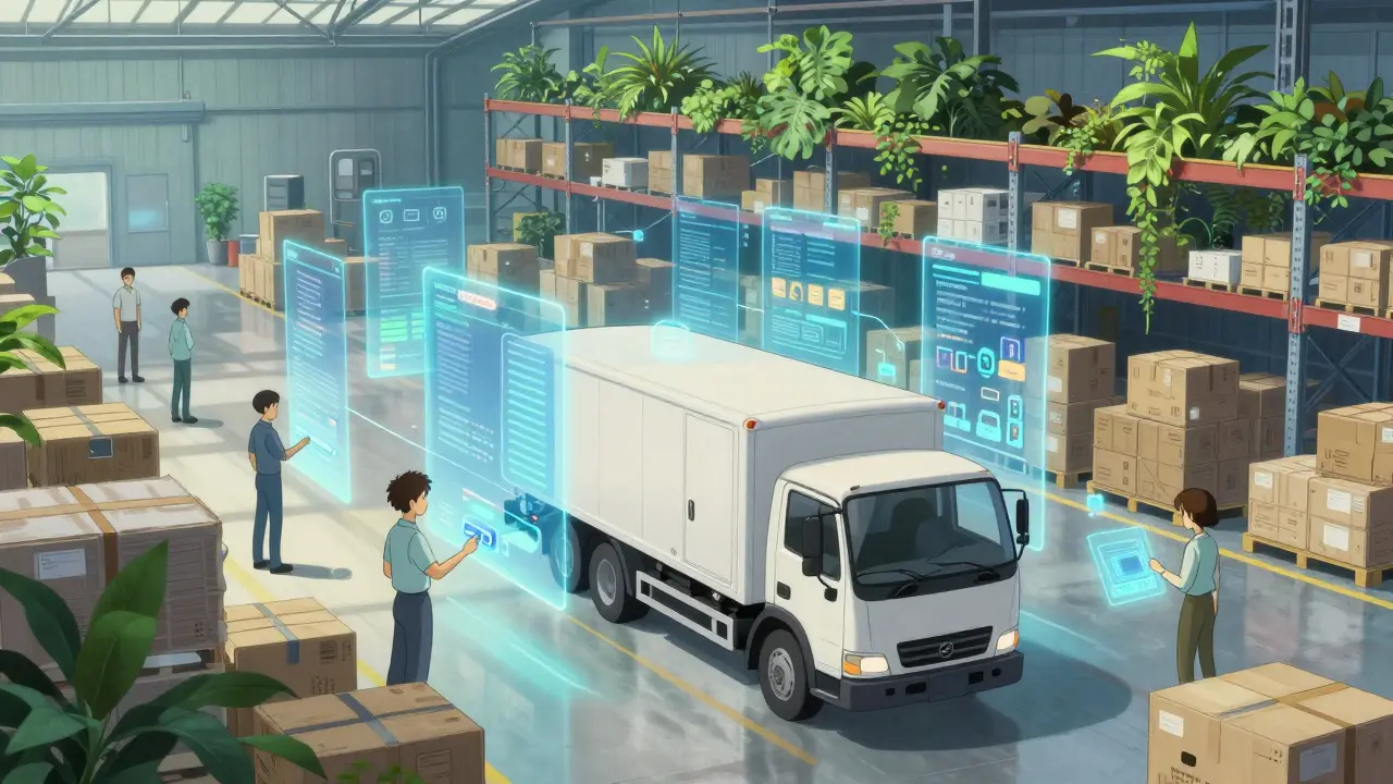 Clean warehouse with holographic data streams tracking shipments via blockchain.