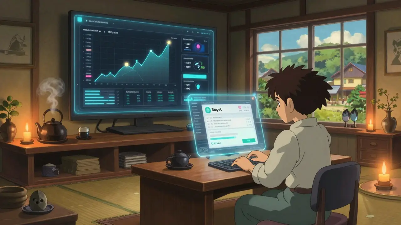 Cozy Ghibli-style exchange hall for trading N1 tokens on Bitget