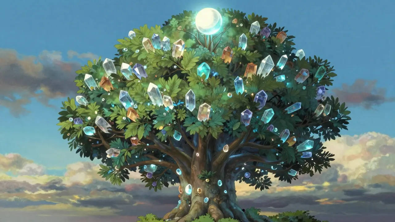 Crystal tree with glowing leaves summarizing into a bright root orb