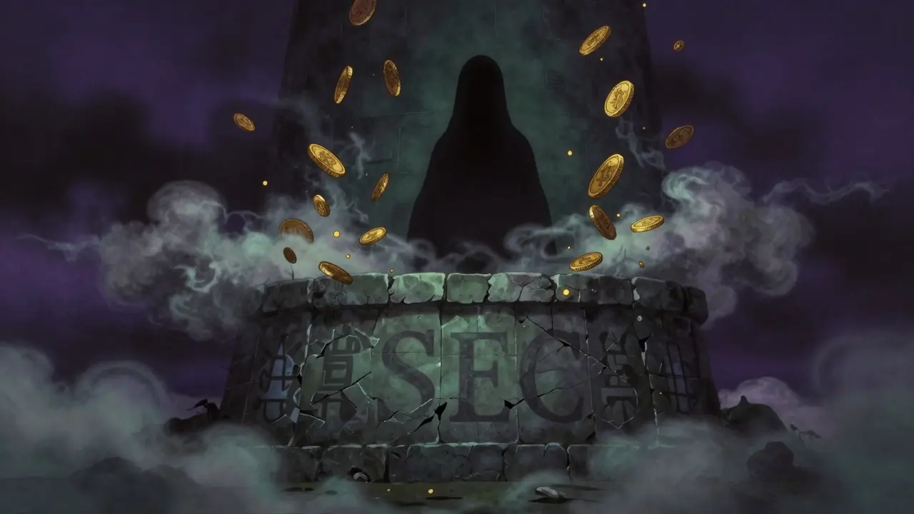 Dark shadowy figure dissolving gold coins in an unregulated financial void.