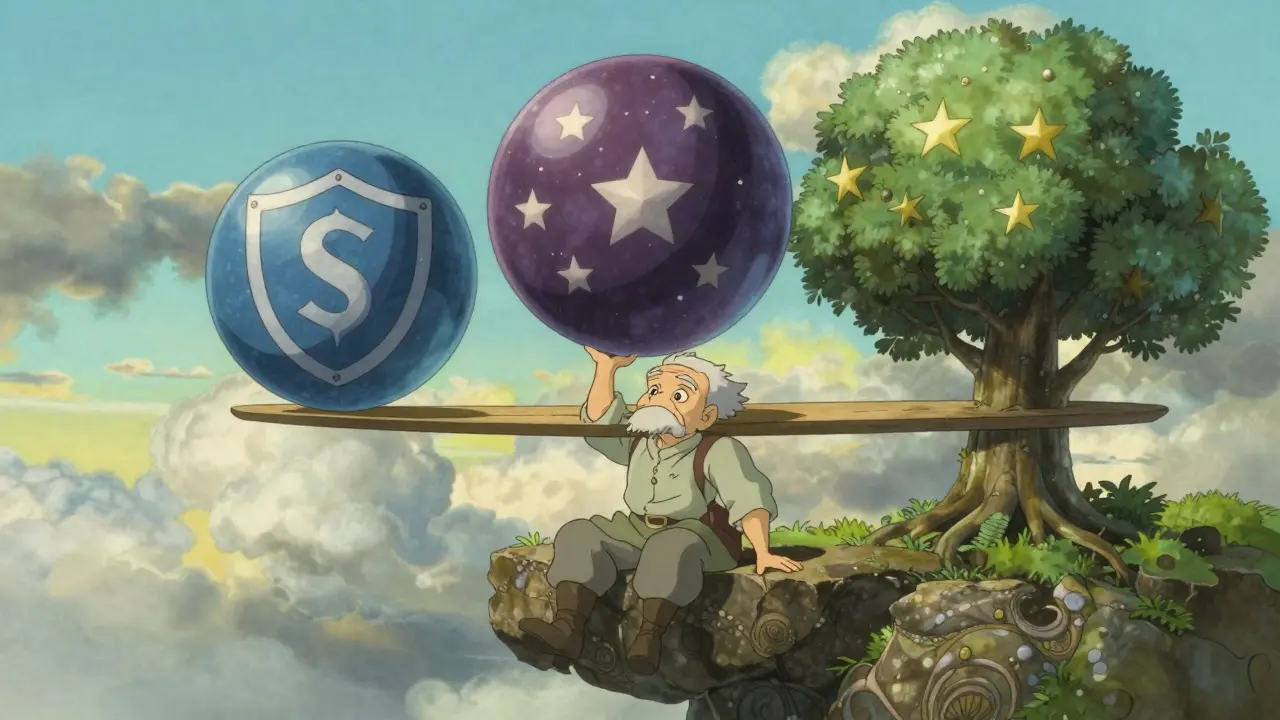 Elderly figure balancing security, decentralization, and scalability spheres