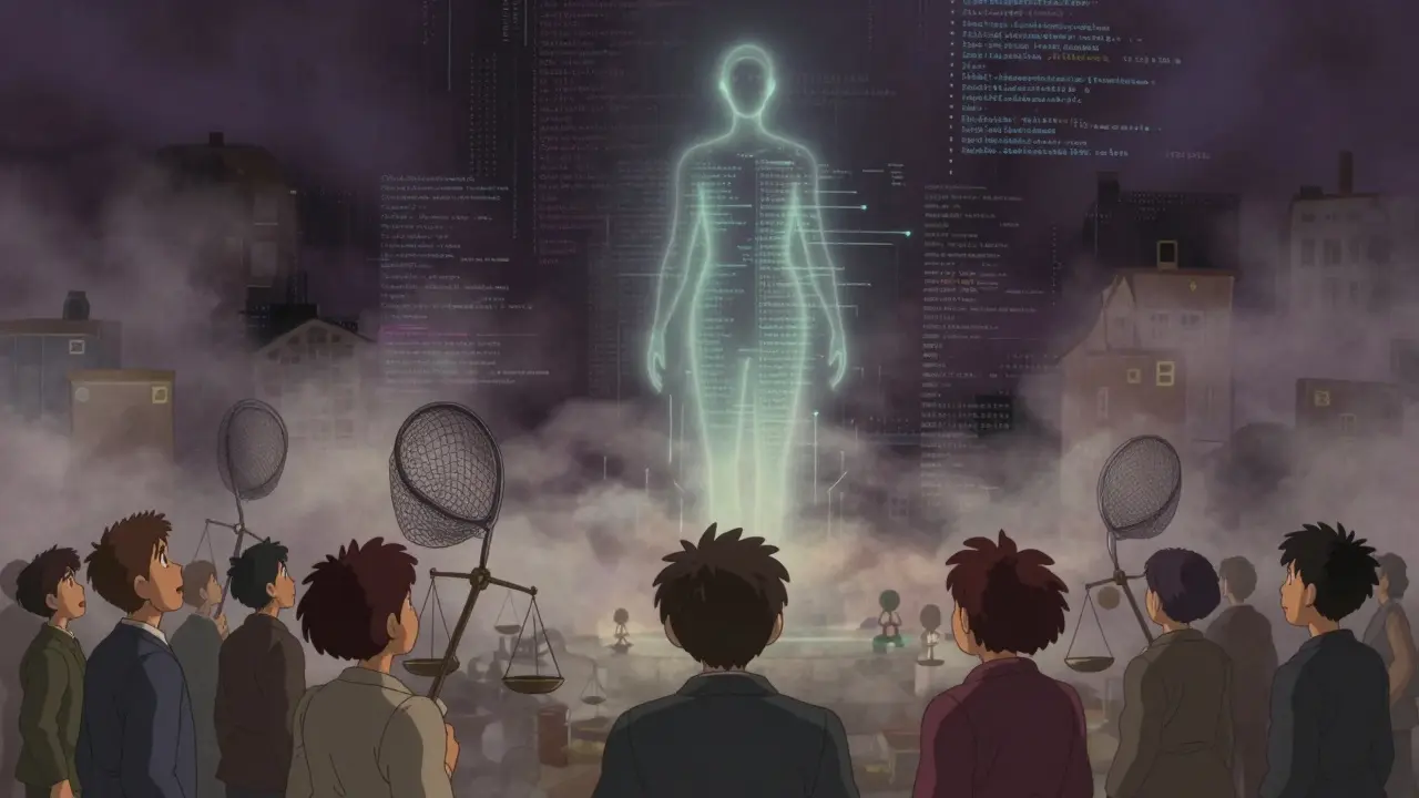 Ethereal code figure floating above confused regulators in anime art