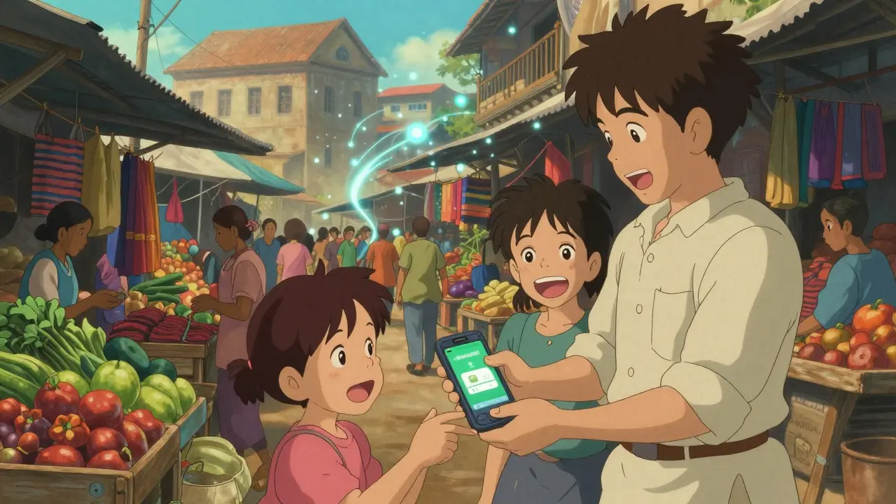 Family receiving instant digital remittance at market