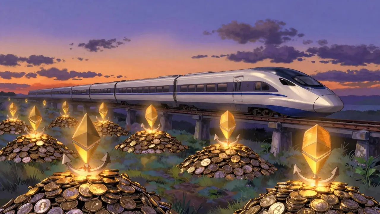 Floating lanterns anchored by coins securing a fast train in an anime landscape.