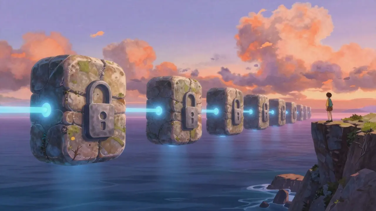 Floating stone blocks connected by light beams over a calm ocean