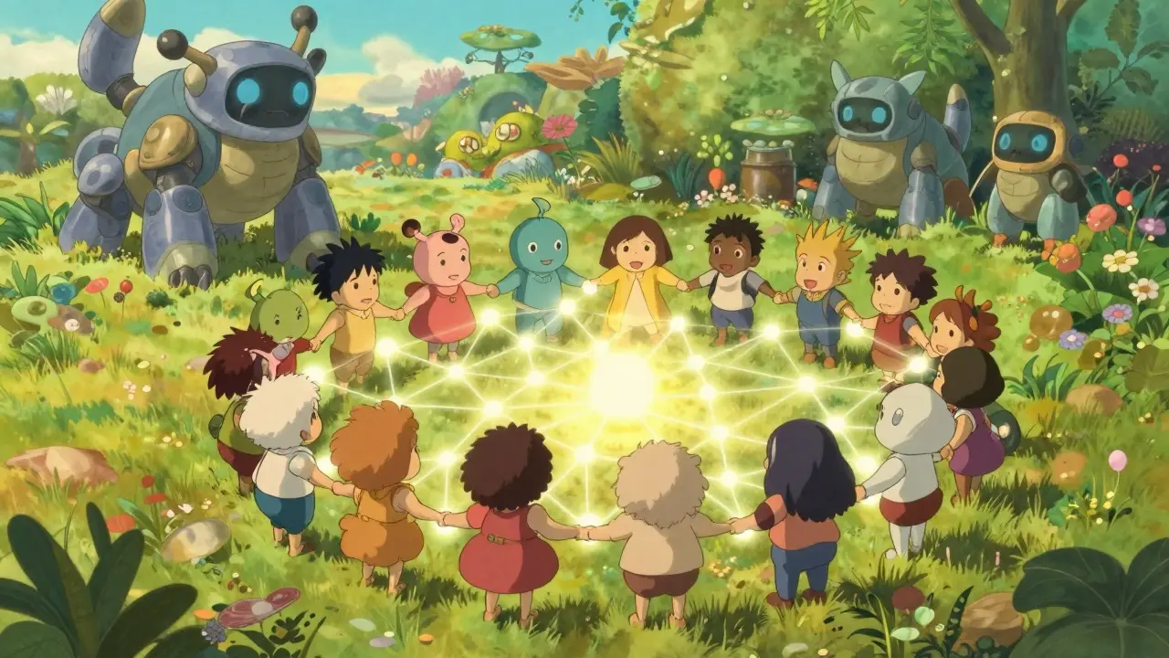 Friendly node characters forming a protective light web against attacks