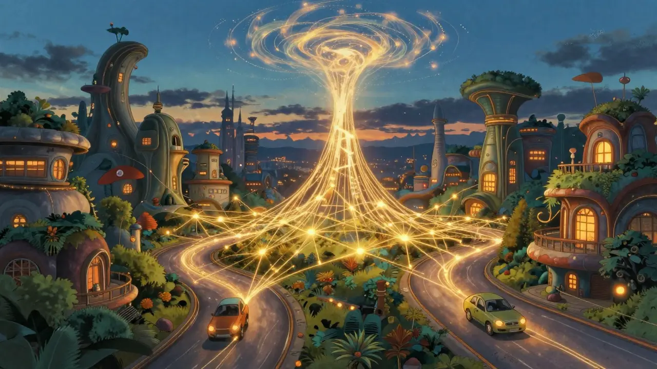 Ghibli-style city connected by data threads
