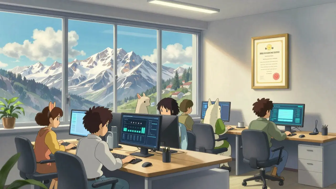 Ghibli style cozy Swiss office with animals working on crypto regulation