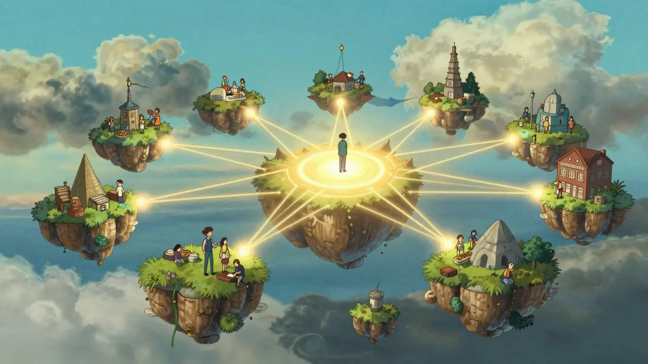 Ghibli style illustration of connected islands representing aggregated crypto exchanges