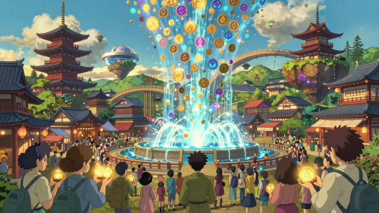 Ghibli-style market with a fountain of glowing crypto tokens