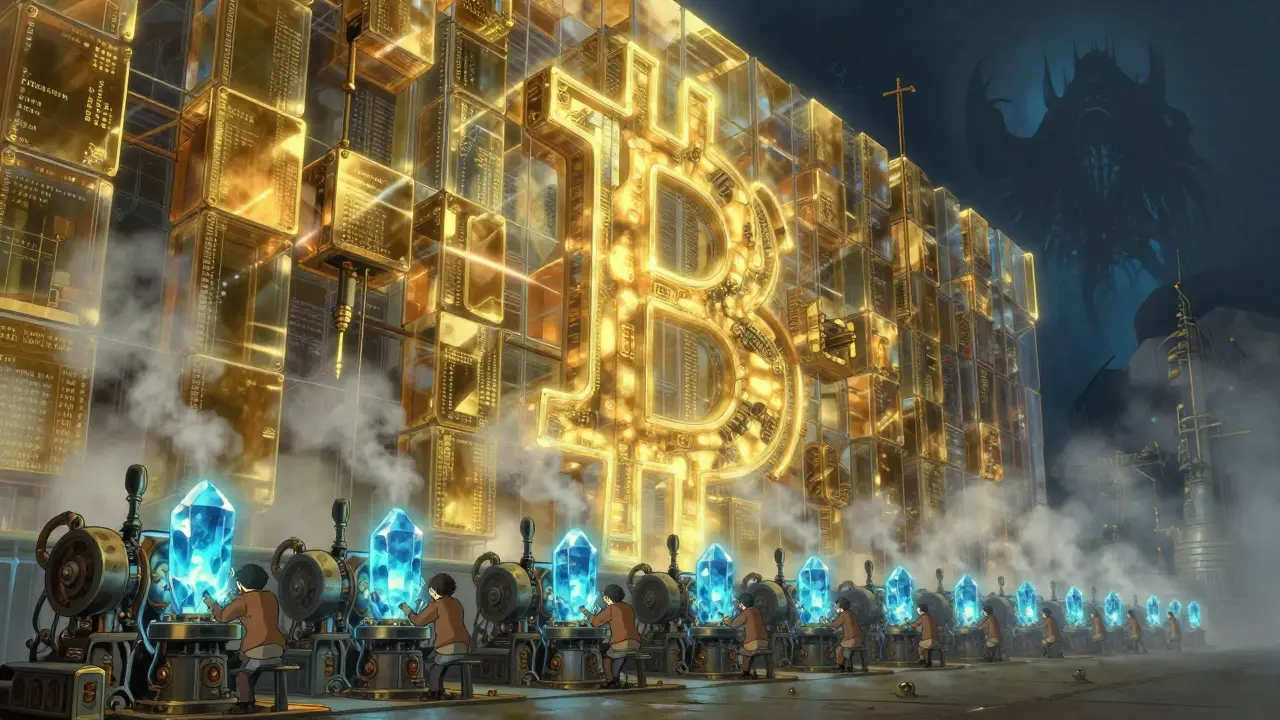 Ghibli style miners powering a massive glowing wall of digital blocks.