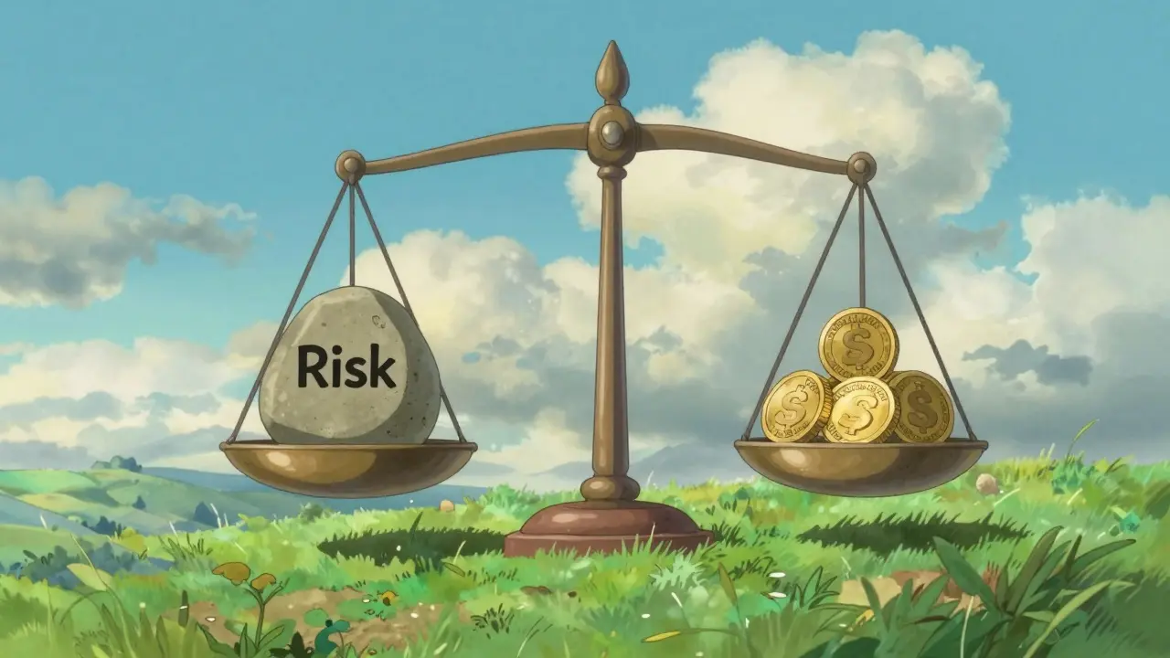 Ghibli style scale balancing risk stones against reward coins
