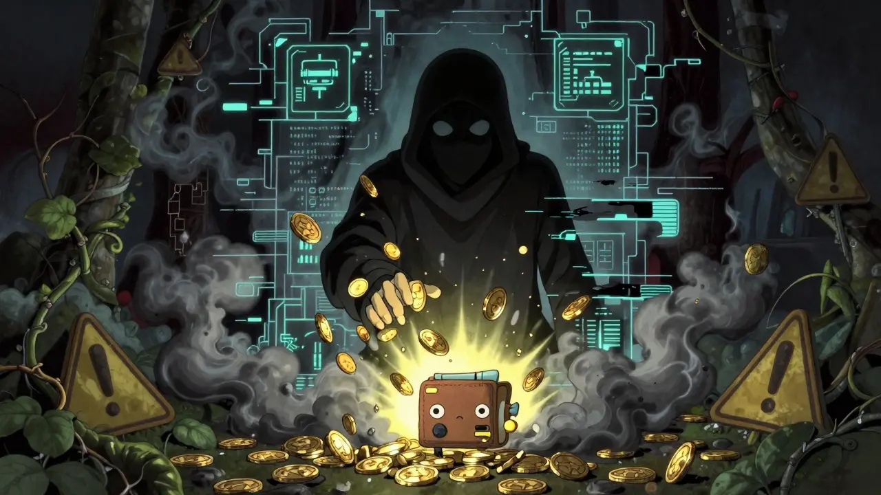 Ghibli-style shadowy scammer hiding behind fake digital tokens