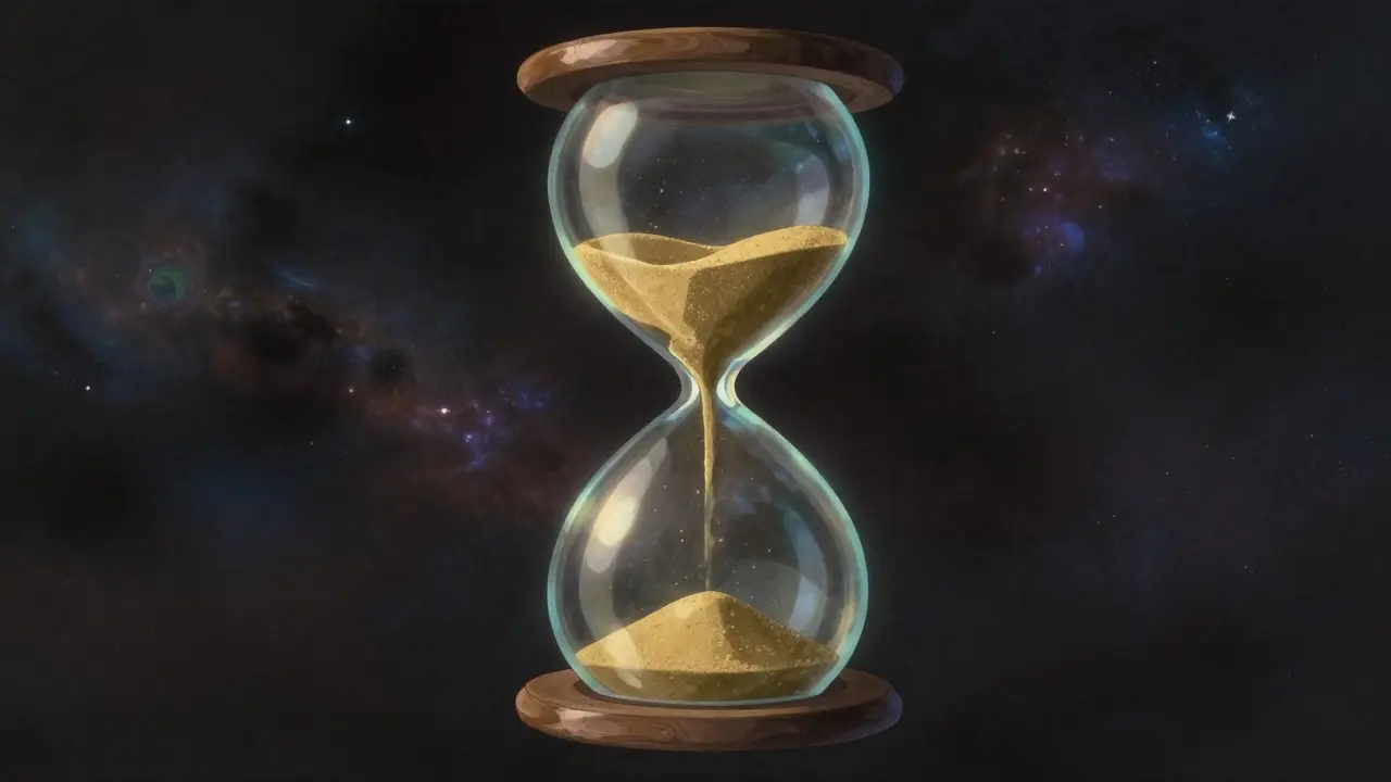 Glass hourglass with falling sand symbolizing lost crypto value in space.