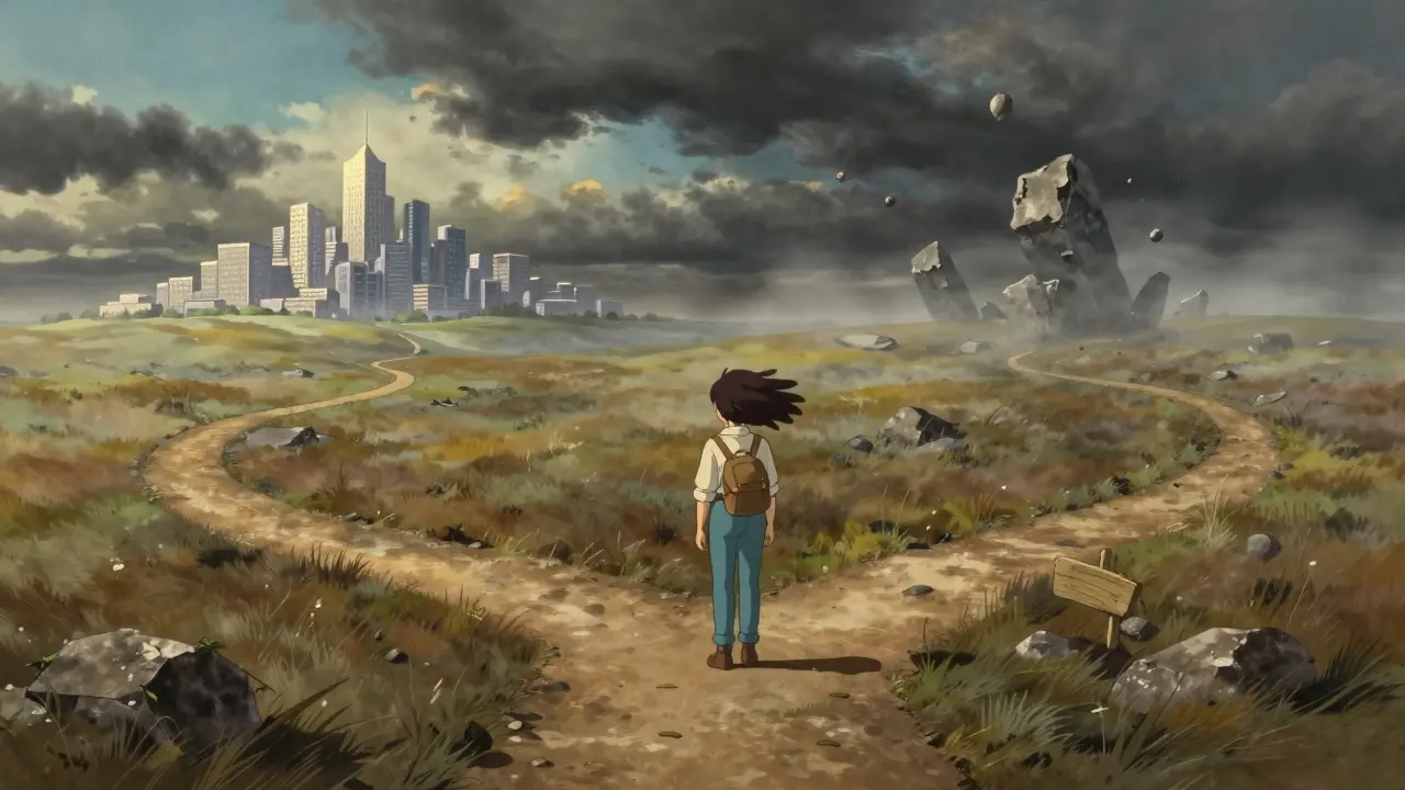 Lone traveler at a crossroads between a stable city and a foggy void