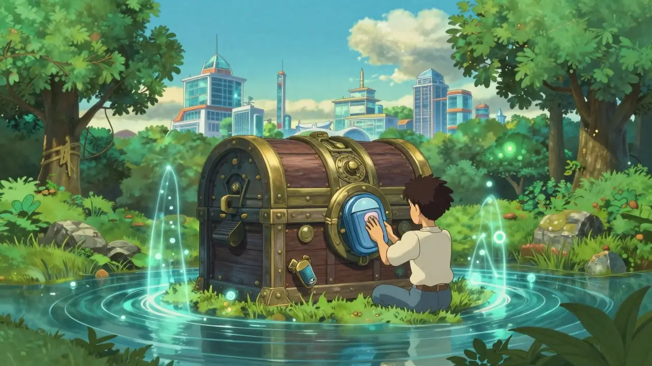 Magical secure vault protecting crypto assets in peaceful setting