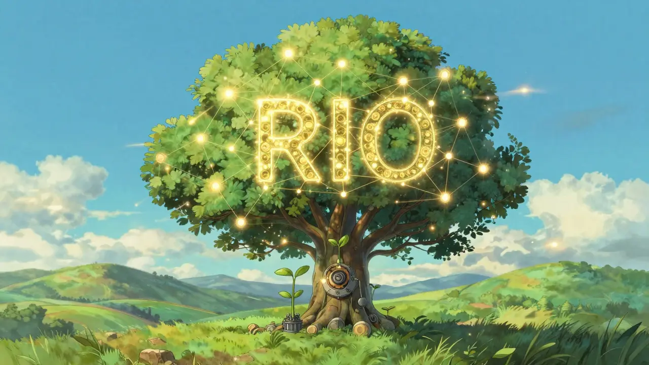 Magical tree of digital nodes growing, symbolizing blockchain ROI and future growth.