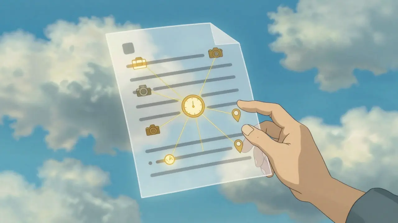 Magical visualization of document metadata revealed as golden threads in Studio Ghibli style.