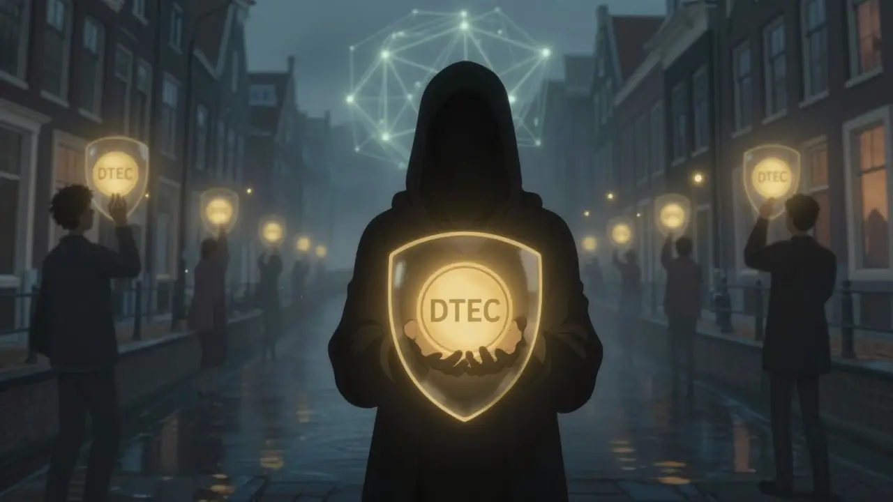 Mysterious figure holding a glowing token in a foggy street